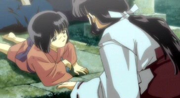 das kleine M�dchen gibt Kikyou die Schale Buddhas