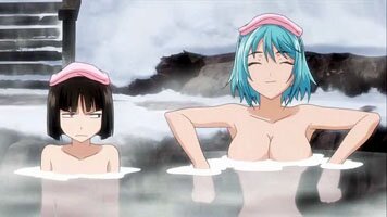 Yukari und Kurumu genie�en das Onsen im Schnee